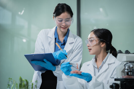 Two Asian female scientists analyze plant and meat samples in a modern laboratory, using microscopes and documenting results to improve food quality, safety, biotechnology,agricultural innovation