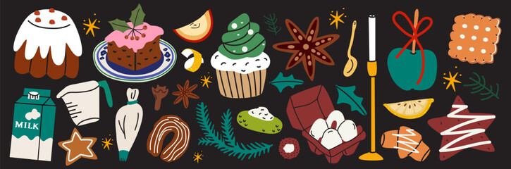 Fototapeta premium Traditional Christmas food, baking, gingerbread, pie, cake, cookies, spices, branches. Festive dishes. Winter holiday stickers set in cartoon retro style. Flat vector illustration isolated