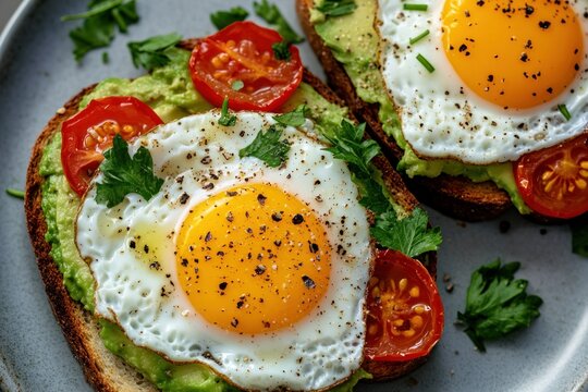 A plate of avocado toast topped with scrambled eggs, cherry tomatoes, and parsley, set against a backdrop of a cityscape with tall buildings and a clear blue sky.