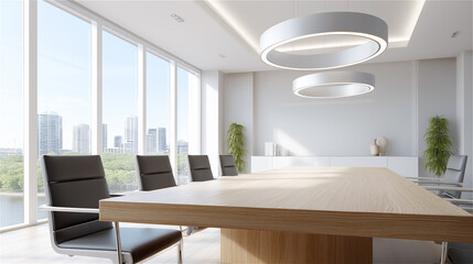 Bright modern meeting room with large table, panoramic windows and natural light, symbolizing teamwork, business collaboration and contemporary workspace.
