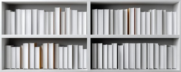 A modern, minimalist white bookshelf filled with blank white books in various orientations, offering a clean and organized appearance