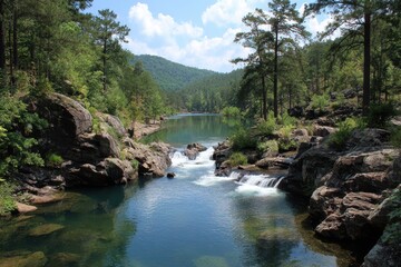 Fototapeta premium Ouachita Mountains - Serene Waterfalls and Lakes Amidst the Lush Green Hills of Central Arkansas