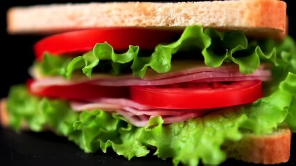Close-up of a layered sandwich featuring fresh lettuce, sliced tomatoes, ham, and cheese - Powered by Adobe