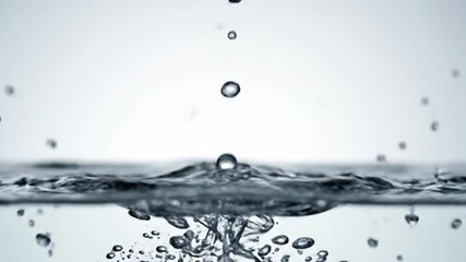 Water droplet creating a splash crown effect with ripples and reflection in a macro studio shot against a clean white background showcasing liquid dynamics and purity of nature - Powered by Adobe