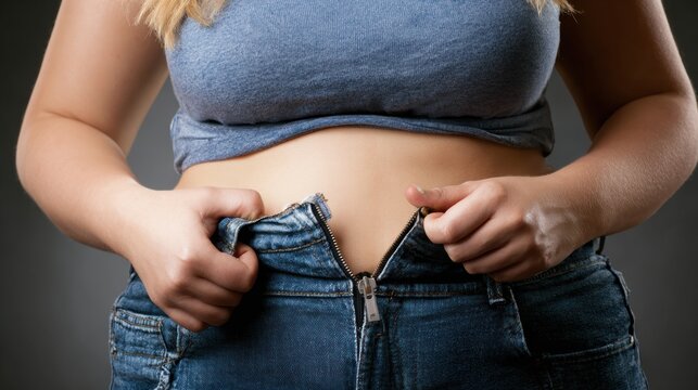 Woman Struggles to Zip up Her Jeans While Trying to Dress for an Outing in a Casual Setting