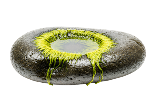 Stunning stone pool reflecting light, vibrant green algae clinging, nature's artistry, serene water feature, unique rock formation, perfect for zen gardens