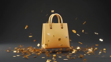 Golden Shopping Bag with Falling Gold Confetti on a Dark Gray Background handbag purse - Powered by Adobe