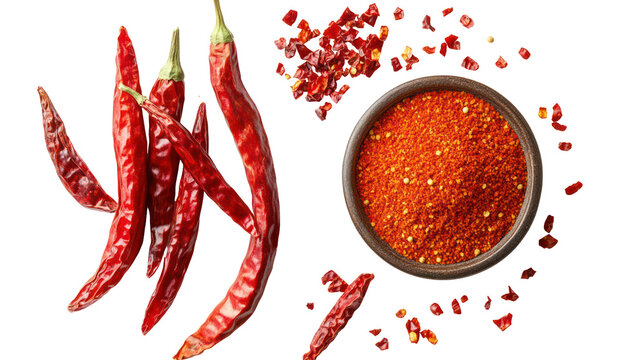 Dried red chili peppers and powder isolated on transparent background