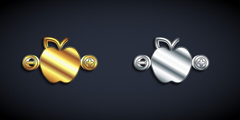 Gold and silver Calorie calculator icon isolated on isolated on black background. Calorie count. Diet. Weight loss. Portion control. Healthy eating. Dietary nutrition. Long shadow style. Vector