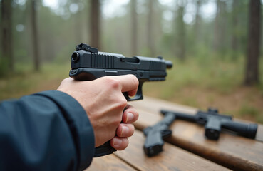 Person holds handgun aiming forward in misty forest. Second gun rests on wooden table, outdoors. Woodland background suggests hunting or practice.