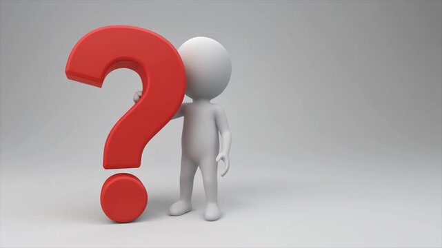 White 3D Man Holding a Large Red Question Mark Symbol on a Light Gray Background abstract asking