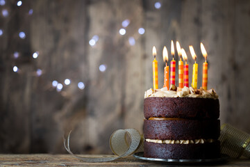 Chocolate cake birthday candles celebration dessert party baked treat delicious sweets happy...
