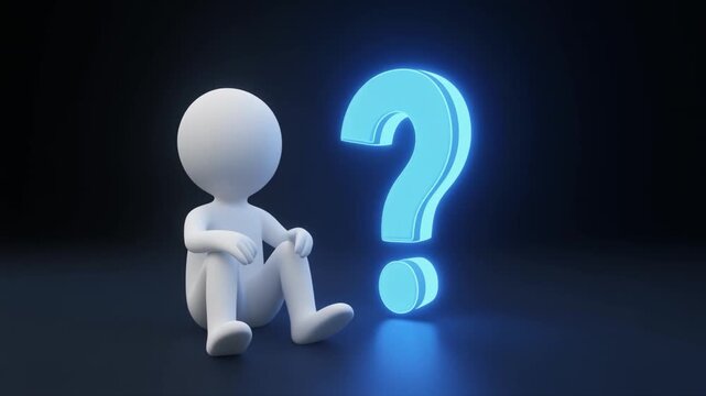 White 3D Man Sitting Next to a Large Glowing Blue Question Mark Symbol on a Dark Surface abstract asking