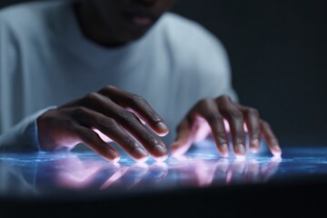 African young adult male interacting with interactive touchscreen technology in dark room