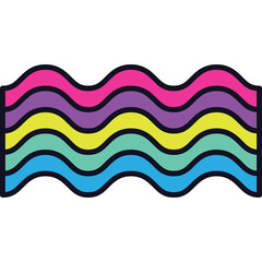 Abstract Wavy Lines Graphic With Multicolored Stripes In Vibrant Pink Purple Yellow Blue Teal And Black Outline On Transparent Background Artistic Design Element