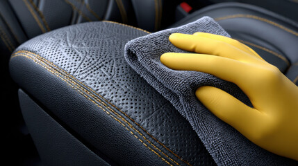 Obraz premium Hand cleaning car leather seat interior detailing
