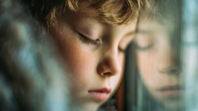 Little boy resting against window with reflection