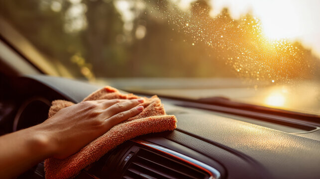 Hand cleaning car dashboard with microfiber cloth at sunset