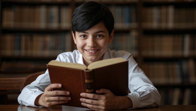 Happy boy reading book in library with shelves of books behind him
