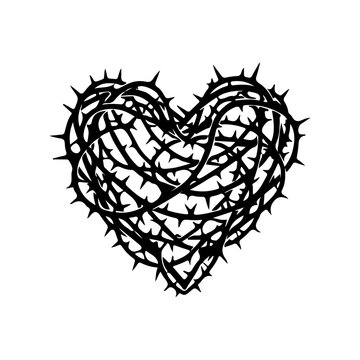 Black silhouette heart formed by sharp thorns or barbed wire, symbolizing pain, sacrifice, and enduring love, isolated tattoo design on white or transparent background.