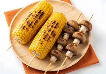 Grilled corn on the cob and mushroom skewers on a plate