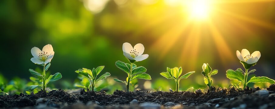 De la graine a la fleur etapes de croissance dune paquerette, soleil eclatant et fond vert naturel, evolution lente