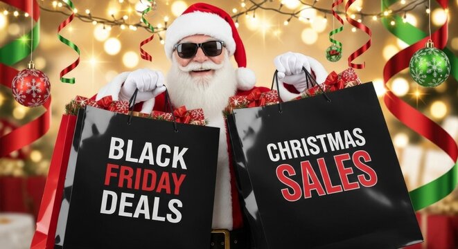 Santa holding Black Friday and Christmas sale bags - Powered by Adobe
