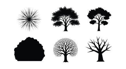 Collection of stylized vector tree silhouettes, including bare, deciduous, shrub, and abstract nature symbols. isolated on white background, Vector, illustration