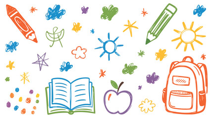 Childlike illustration of a happy student returning to school with colorful school supplies and a friendly atmosphere