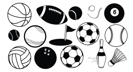 Black and white vector set of sports equipment icons: basketball, football, soccer, baseball, tennis, bowling, and golf items. isolated on white background, Vector, illustration