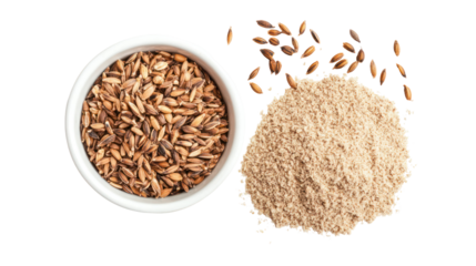 Bowl of whole grains and pile of flour isolated on transparent background