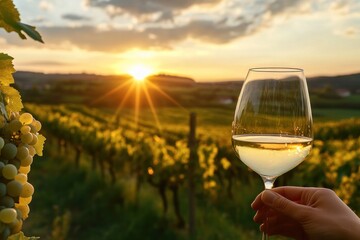 Obraz premium A hand holding a glass of white wine in a vineyard at sunset, with grapevines and rolling hills in the background.