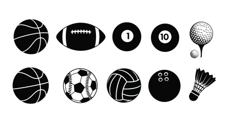 Collection of black sport balls and equipment icons including basketball, football, golf, bowling, and billiard isolated on white isolated on white background, Vector, illustration