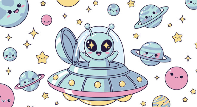 Cute alien in UFO with planets and stars kawaii style.