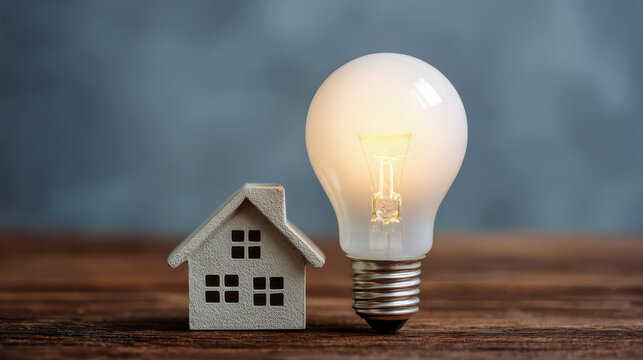 House model with glowing light bulb representing energy efficiency - Powered by Adobe