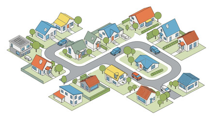 Isometric view of a charming suburban neighborhood with colorful houses and winding roads.