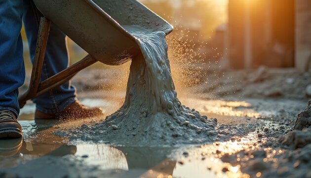 Worker pours concrete from a wheelbarrow. Construction site with cement pouring process. Building industry work. Heavy duty manual labor. Man at work during building.