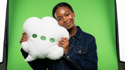 Young African American woman holding speech bubble pillow against green screen