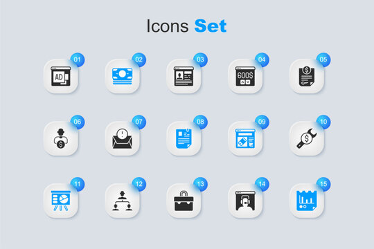 Set Telephone 24 hours support, Envelope, Stacks paper money cash, Board with graph, Document chart, Repair price, Advertising and Resume icon. Vector