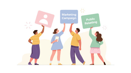 Obraz premium Abstract illustration of four stylized figures one holding a pink object with a vibrant color palette and modern design elements suitable for backgrounds and graphic projects