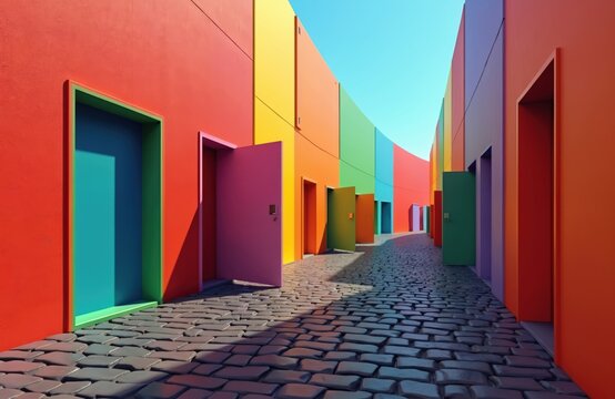 Brightly colored doors line a curved alleyway. Cobblestone path leads through vibrant, rainbow hues. Multiple choices and paths are symbolized by the many entrances.