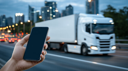 A mobile phone with an empty interface held forward, with a large white truck in motion in the softly blurred background, glowing evening lights emphasizing the efficiency of deliv