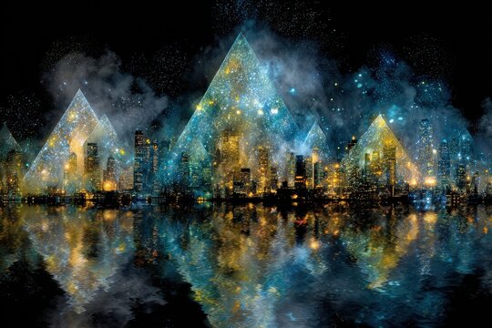 A futuristic landscape featuring glowing peaks and a shimmering cityscape, with ethereal lighting and reflective surfaces, evoking a sense of wonder and exploration