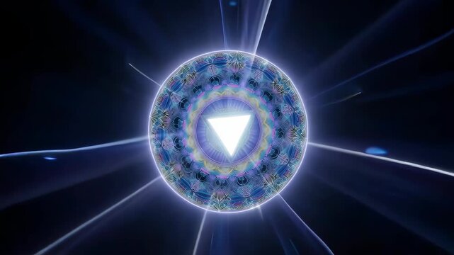Abstract, vibrant, glowing mandala with triangle play symbol