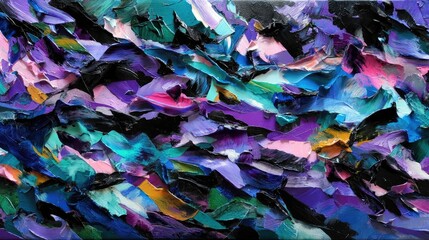A close-up, textured abstract painting featuring thick impasto brushstrokes in a vibrant palette of purple, blue, teal, and pink. The dynamic application of pai