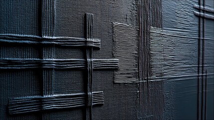 Close-up of an abstract textured surface with intersecting geometric lines and patterns, rendered in dark blue hues with dramatic lighting.