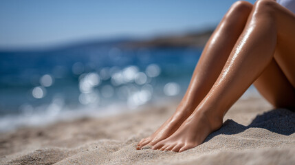 Sunlit summer legs with perfect tan resting on a sandy beach, skin smooth and radiant, embodying feminine beauty, wellness, and premium cosmetic care