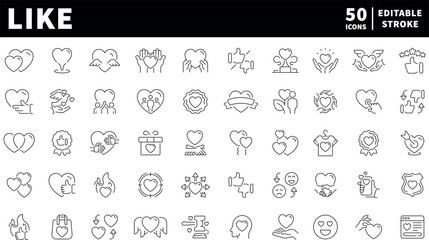 Love and like icons set. editable line icons, outline, social media, engagement