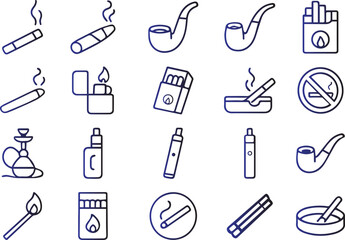 Collection of black line art icons representing various smoking accessories and related items, isolated on white background