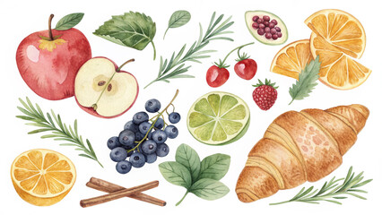 Watercolor illustration of fresh fruits, croissant, and spices isolated on white background
